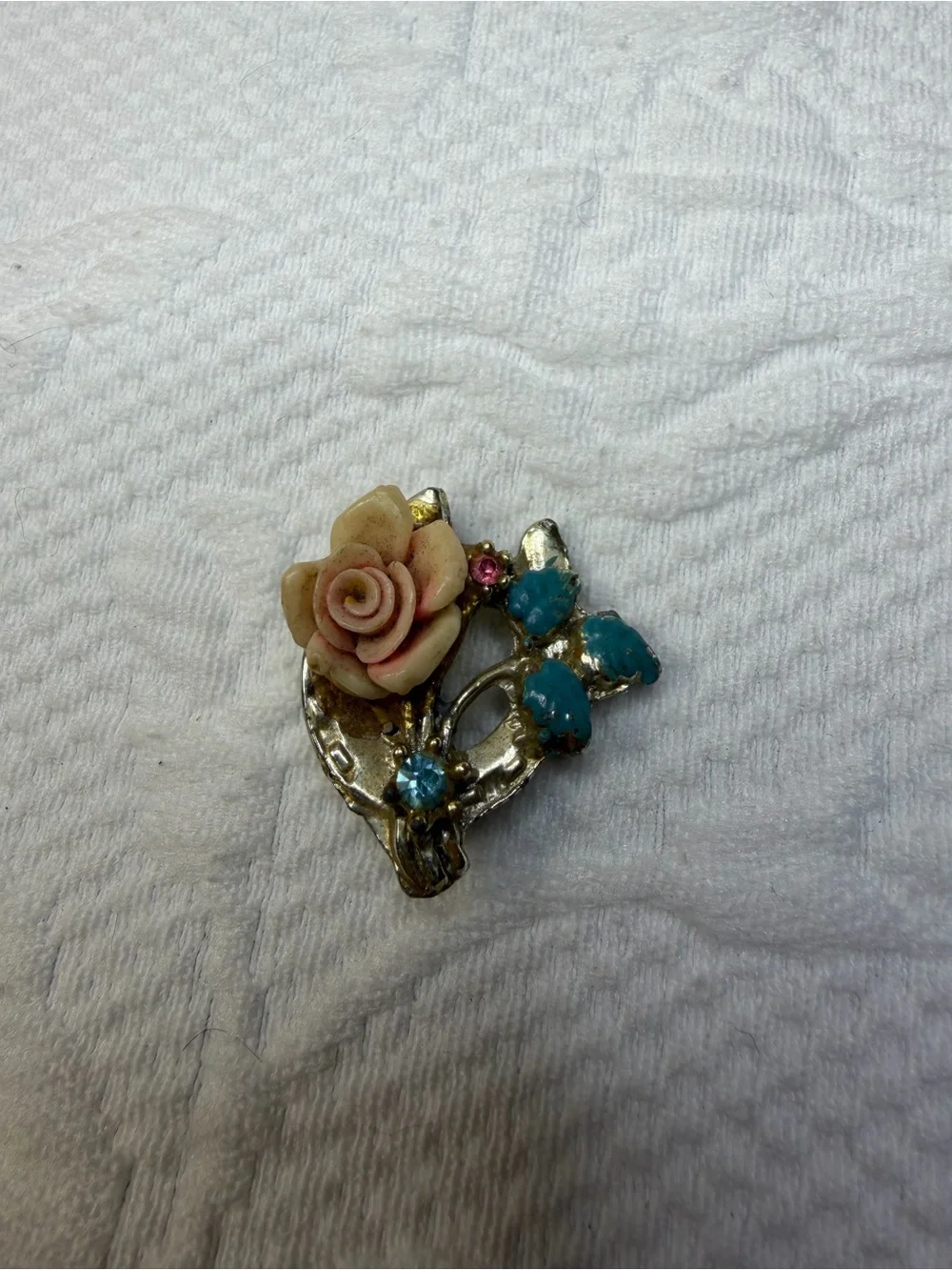 Vintage Pink Rose & Turquoise Floral Brooch